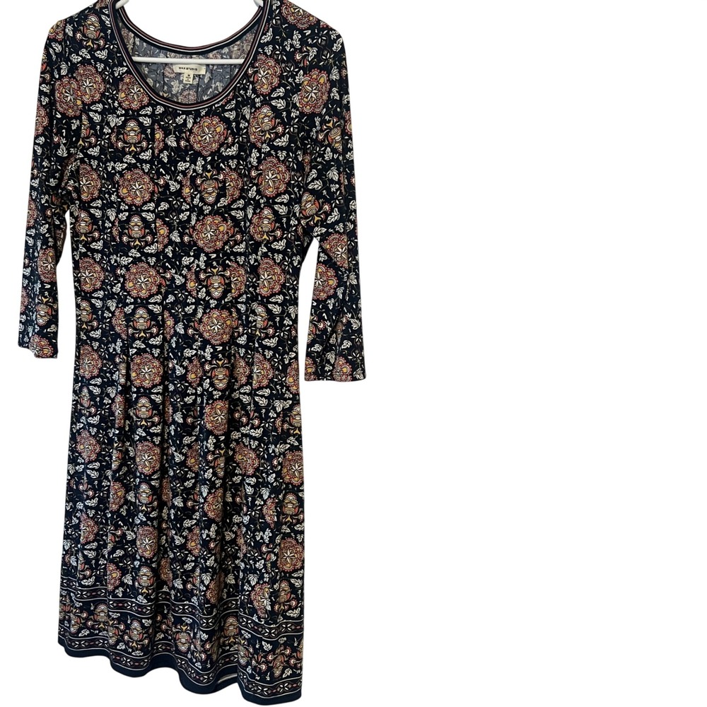 Max Studio Navy Blue Floral Medallion 3/4 Sleeve A-Line Dress Size M 5908W54